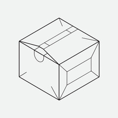 Stylized outline of shipping carton in black ink with diagonal fold line details