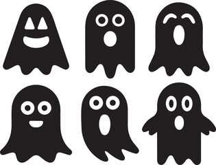 Cute black and white Halloween Ghost silhouette set. Funny cartoon Halloween elements and spooky vector icons