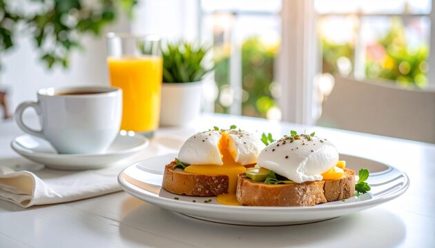 breakfast poached eggs with coffee and orange juice