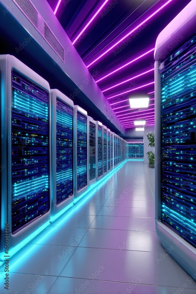 Poster Modern data center with illuminated server racks under vibrant purple LED lighting in high-tech server room