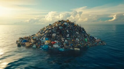 A massive floating island made entirely of garbage, drifting in the ocean, dreamlike yet unsettling