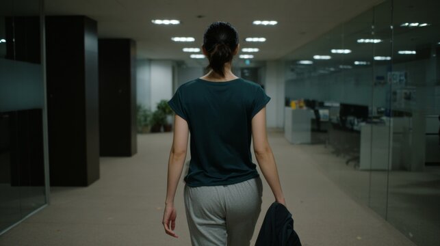 Woman walking away in a desolate office space, leaving work behind her after a long day in corporate environment.