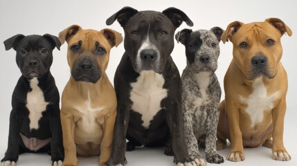 Obraz premium Five adorable mixed breed puppies sitting in a row on a white background, looking curious and playful, variety of coat colors and patterns, close-up portrait