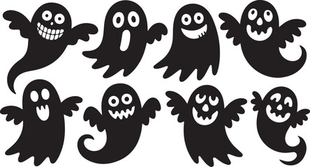 Cute black and white Halloween Ghost silhouette set. Funny cartoon Halloween elements and spooky vector icons