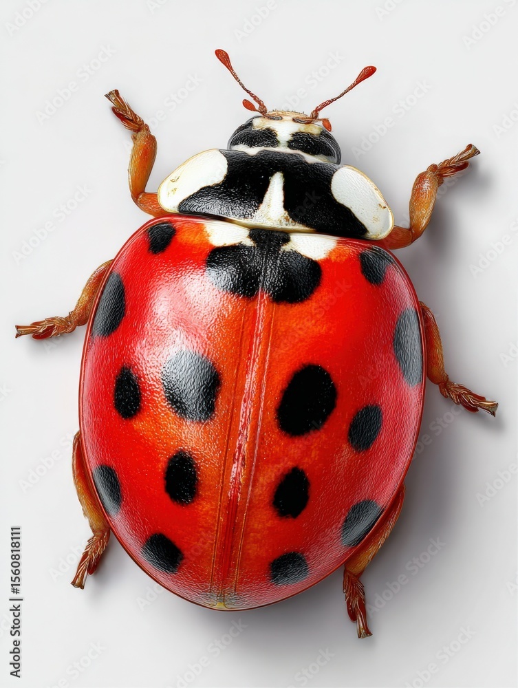Poster close-up of a vibrant red and black spotted ladybug insect on a white background showcasing detailed