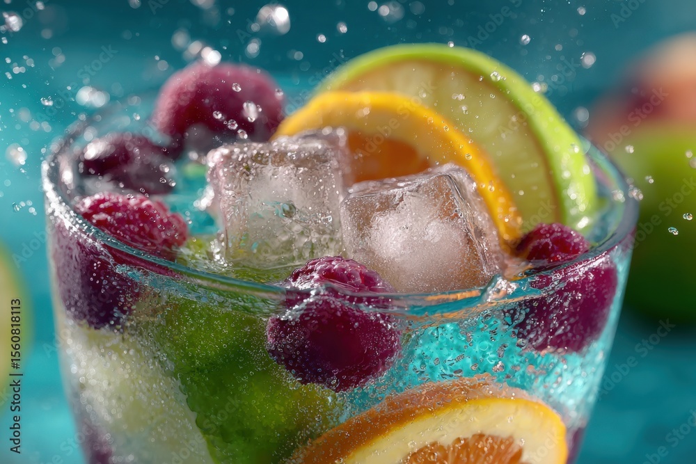 Poster vibrant refreshing fruit cocktail with ice cubes and citrus slices in a clear glass on colorful back