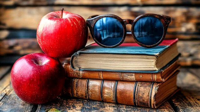 Apples, books, and glasses on a wooden background