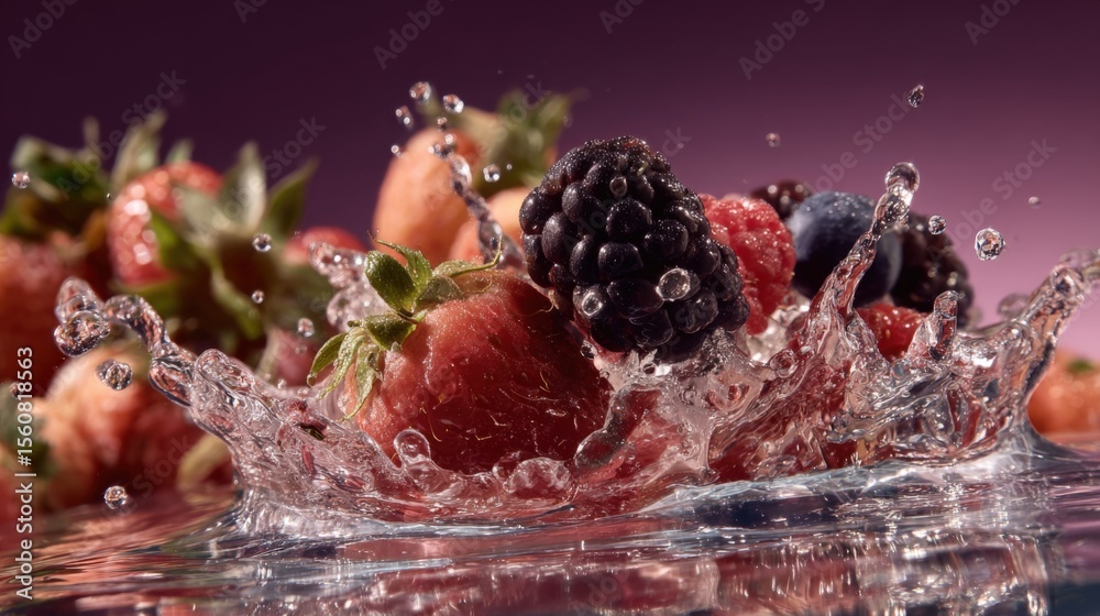 Poster colorful fresh berries including strawberries raspberries and blackberries creating splash effect in