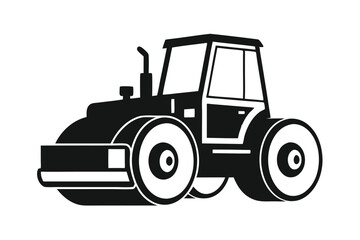 Black and White Graphic Illustration of Heavy Duty Road Roller Vehicle Silhouette