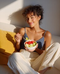 Happy young woman enjoying healthy breakfast with fresh vegetables in a cozy setting, natural light illuminating her smiling face