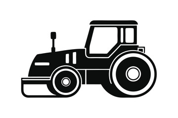 Black Vector Illustration of a Road Roller with Cabin and Cylindrical Rollers
