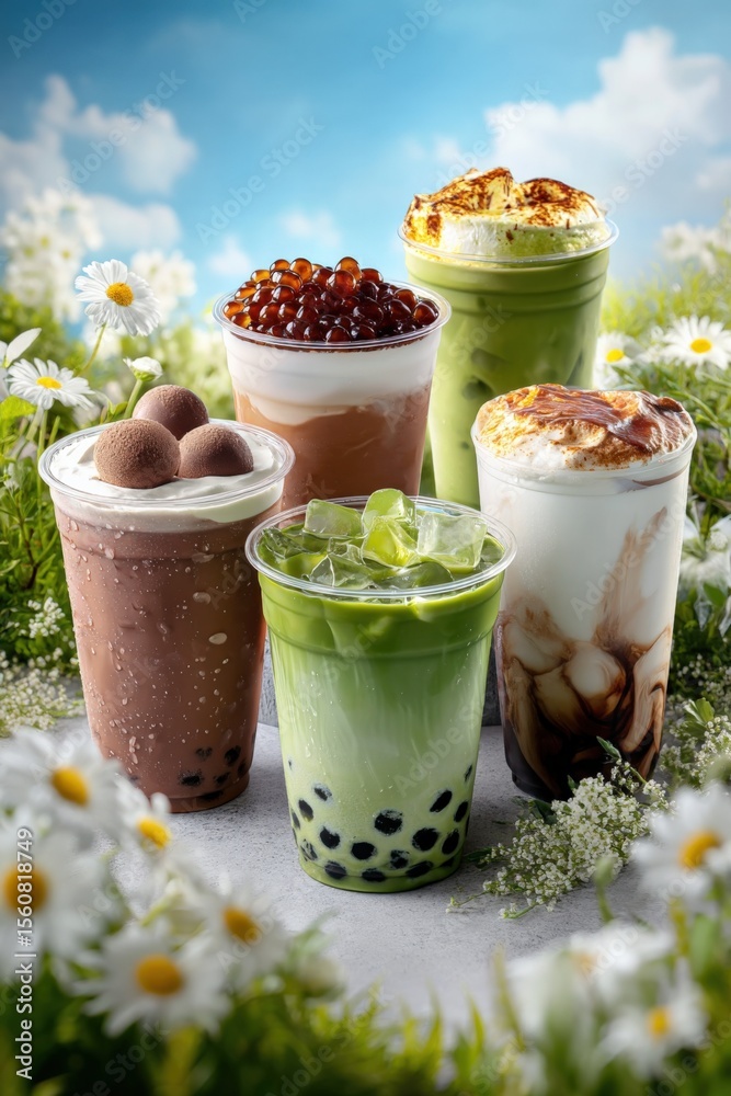Poster assorted bubble teas and milk teas with tapioca pearls and toppings in a natural outdoor setting wit
