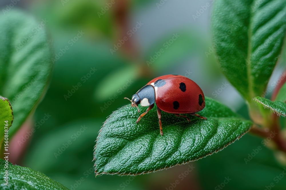 Poster close-up of a vibrant red ladybug with black spots resting on a lush green leaf in a natural garden 