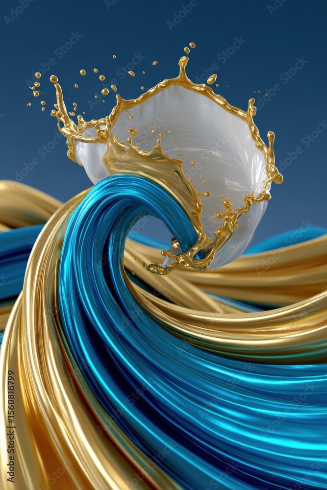 Poster abstract swirling liquid splash with gold and blue metallic ribbons and white foam in a dynamic high