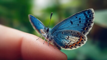 Obraz premium Blue butterfly resting on a clean, manicured finger, blurred garden in background