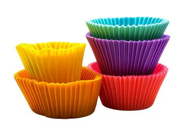 Vibrant cupcake liners stacked on a white background