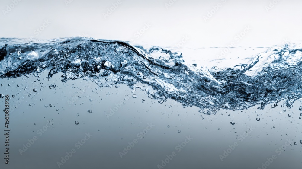 Poster clear blue water splash with ripples and droplets in motion, fresh aquatic liquid with realistic wav