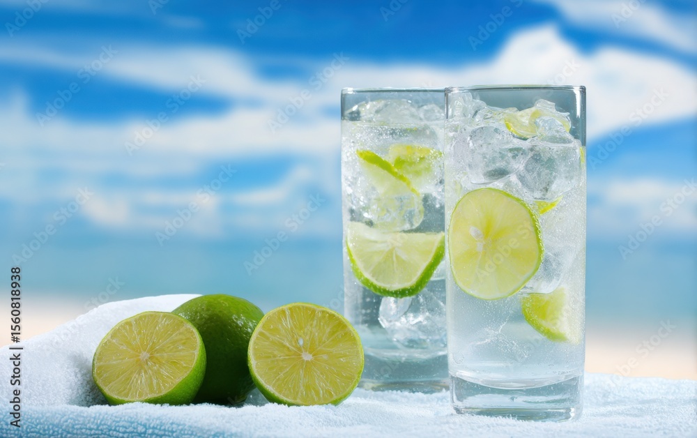 Poster Refreshing cold lemonade with lemon slices and ice in transparent glasses on a sunny beach with blue sky and ocean in the background