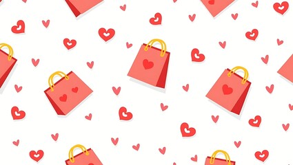Seamless pattern of red shopping bags with hearts and small hearts isolated on white background