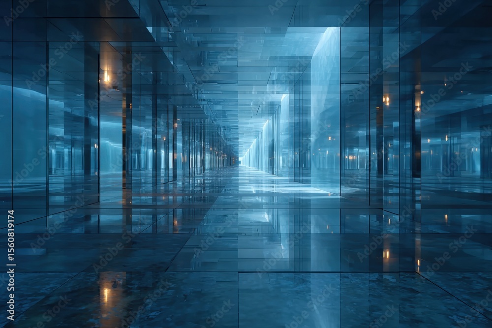 Poster futuristic modern architectural indoor corridor with reflective surfaces illuminated by blue neon li