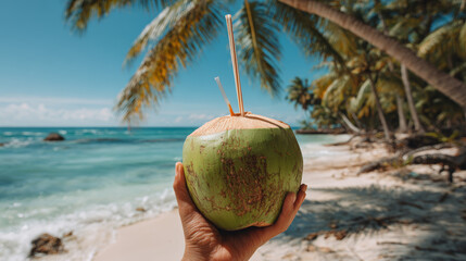 Hand holding a fresh green coconut with a straw, resting on a tropical beach shoreline