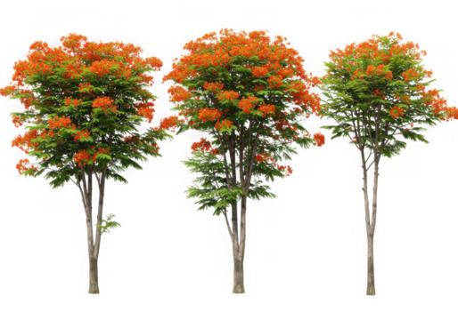 Three vibrant orange flame trees isolated on transparent background