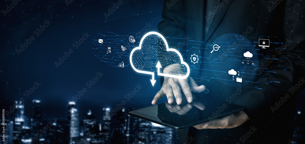 Poster cloud computing enables digital growth with secure data storage, scalable infrastructure, and strate