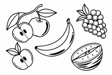 Fruit Variety in Line Art: A monochromatic illustration of a refreshing medley, artfully composed of an apple, banana, grapes, and a half of kiwi fruit, each element crafted with simple.