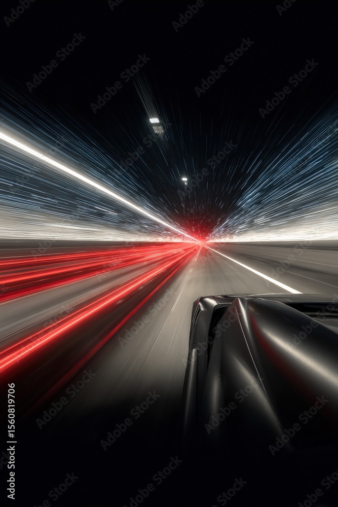 Poster Long Exposure Night Drive on Highways with Fast Moving Car and Light Trails Creating Dynamic Motion Blur Effect
