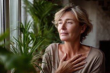 Thoughtful mature woman with short blonde hair looking out window with hand on chest feeling gratitude or reflection indoors with houseplant background