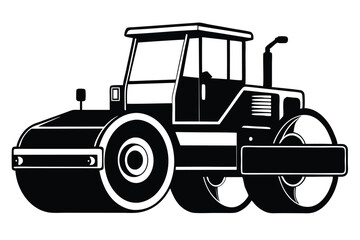Black and White Illustration of a Road Roller with Visible Cab and Wheels