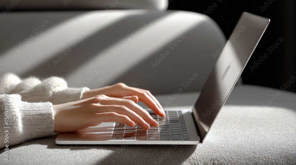 Poster woman using laptop computer on couch in modern living room with natural light and soft shadows for r