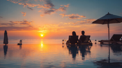 Fototapeta premium Honeymooning couple savoring a sunset at a beach resort, embodying relaxation and romance