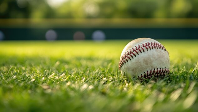 Baseball on a grassy field.  Soft sunlight on a worn ball