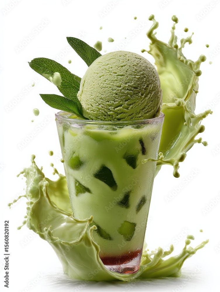 Poster refreshing matcha ice cream ball with mint leaves in a glass of green tea latte with ice cold splash
