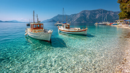 Fototapeta premium Ionian Sea seascape with moored pleasure boats in the waters off Lefkadaâ€™s Nydri Beach, Greece