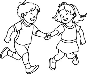 A black and white line drawing of a boy and a girl