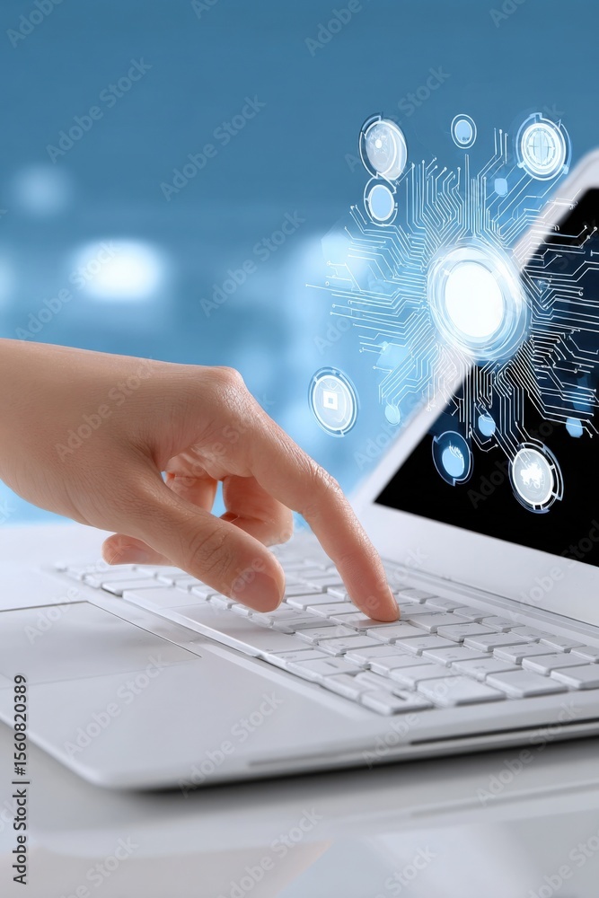 Poster modern digital technology concept with human hand interacting with futuristic virtual interface on s