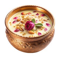 Delicious indian dessert kheer garnished with rose petals almonds and mint leaves in a decorative bowl isolated on transparent background
