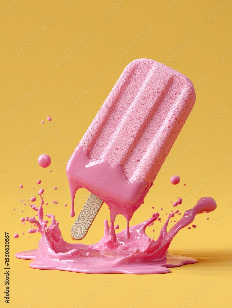 Poster refreshing pink popsicle melting and splashing on vibrant yellow background with melting ice cream t