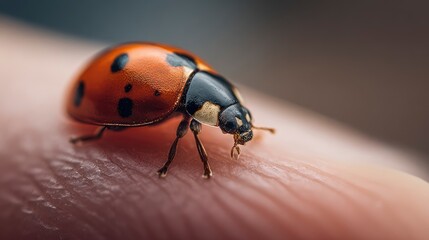 Naklejka premium Macro shot of a ladybug gently perched on a woman's fingertip, soft daylight, sharp insect detail
