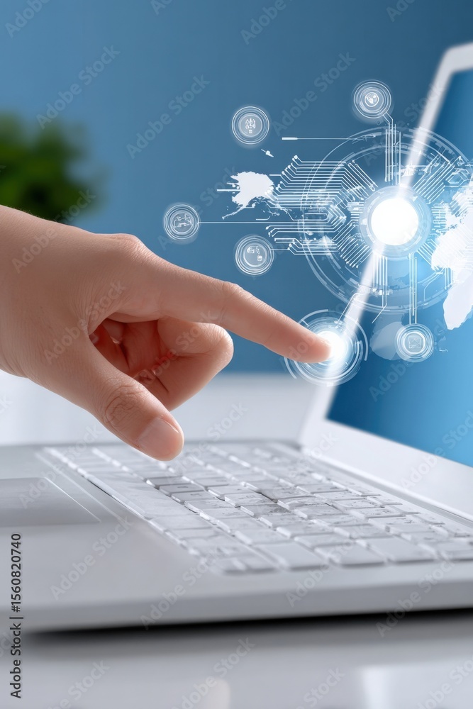 Poster modern human hand pressing digital futuristic interface with holographic icons and technology concep