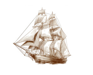 Hand-drawn vintage sailing ship isolated on a white background, vector illustration, png, transparent