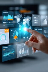 Fototapeta premium Future Technology Data Analytics Visualization with Touchscreen Interaction Showing Global Business and Digital World Charts