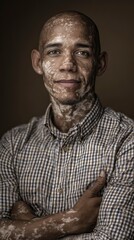 Fototapeta premium Portrait of a man with vitiligo, confident expression, high-resolution detail, vibrant background