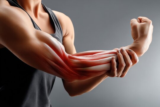Close-up of a muscular person flexing their bicep showing defined veins and toned arm muscles in a gym or fitness environment