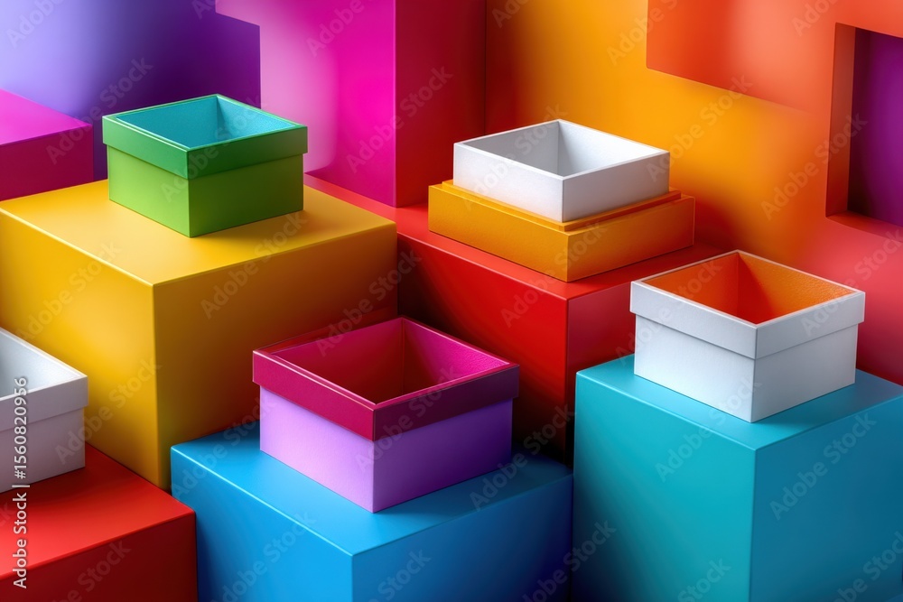 Aufkleber Colorful geometric storage boxes stacked on vibrant blocks creating a modern abstract background with bright hues and clean lines