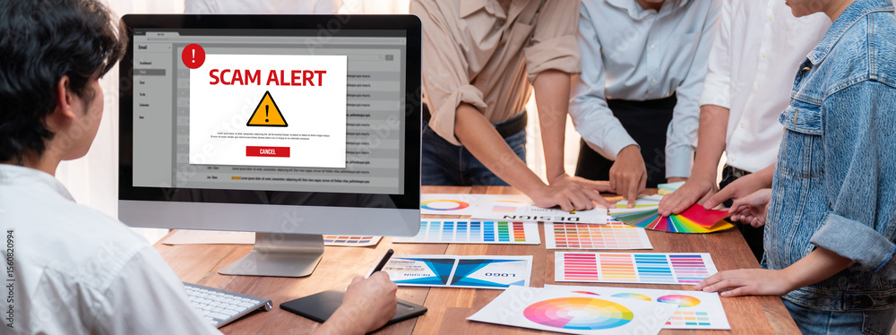 Poster cyber security software show alert of cyber attack for protection brisk. danger from virus, phishing