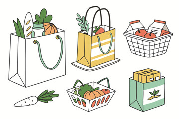 shopping bags and baskets flat vector illustration