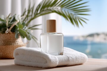 Plakat Elegant transparent glass perfume bottle with wooden cap rested on a white towel in front of a tropical seaside view and lush greenery